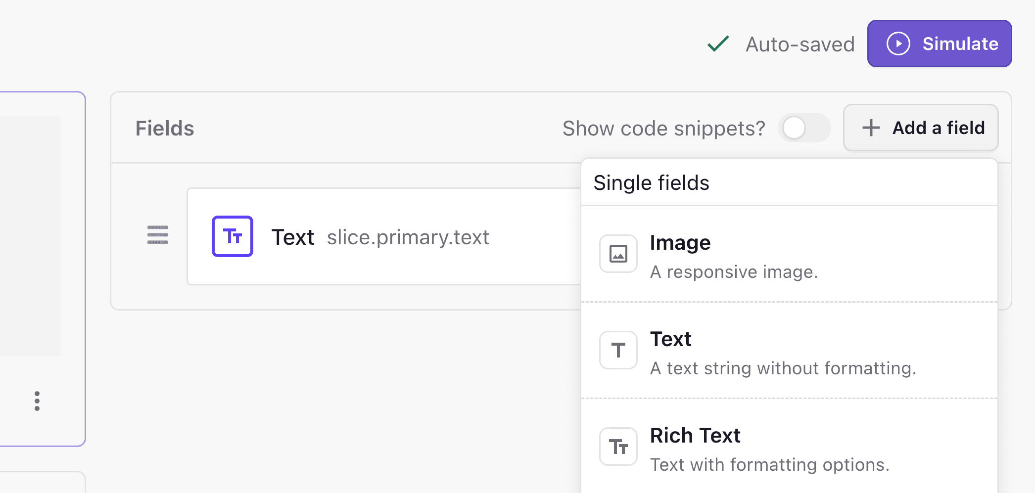 A screenshot of fields in Slice
Machine.