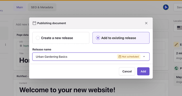 A screenshot of adding changes to an existing release.