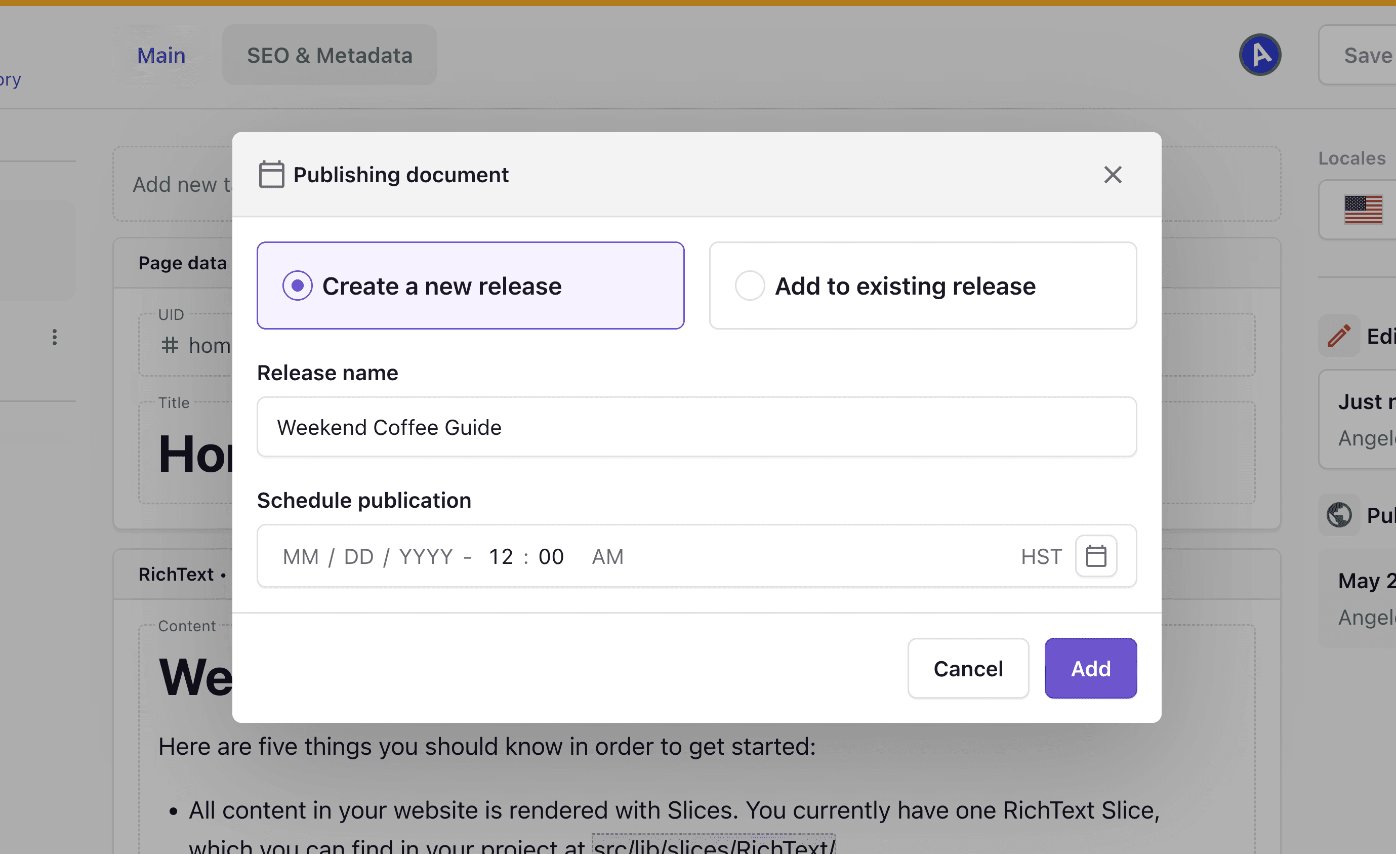 Schedule releases — Prismic Docs