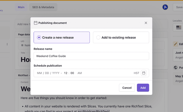 A screenshot of creating a release after editing a page.