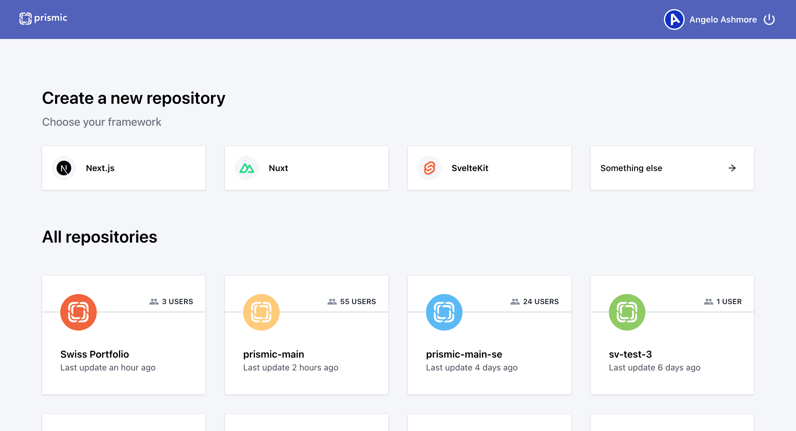 Prismic dashboard showing the repository list.