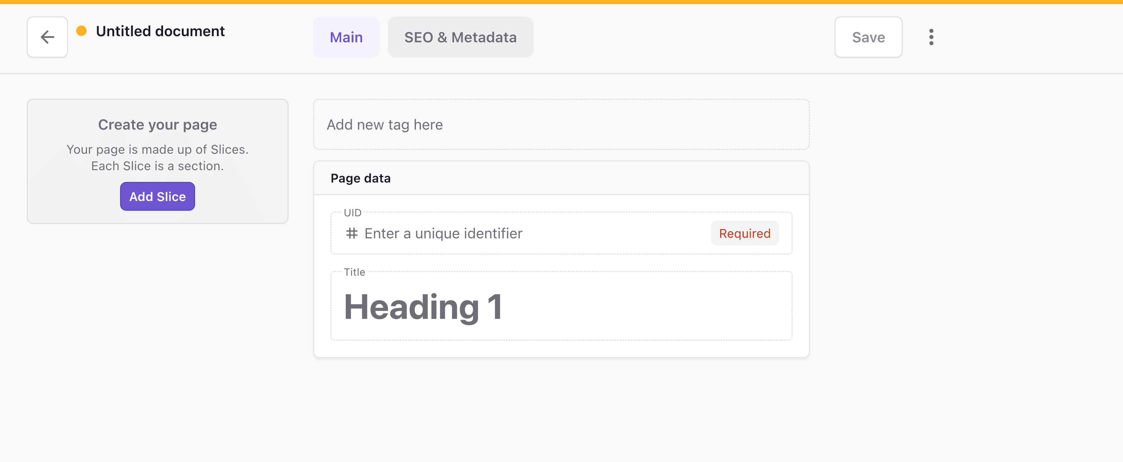 Prismic Page Builder interface showing the main editing
area