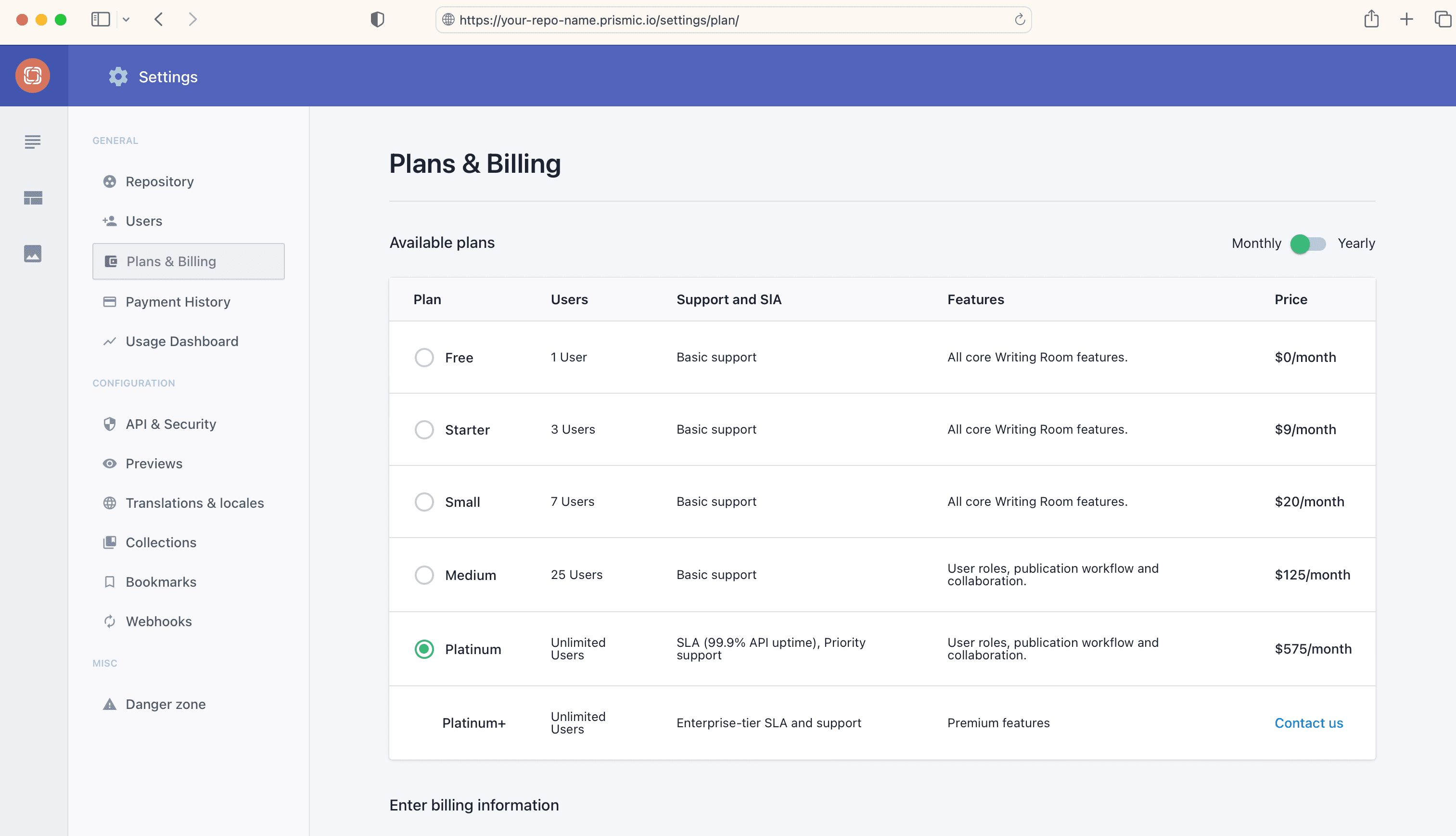 Prismic Plans and Billing screen