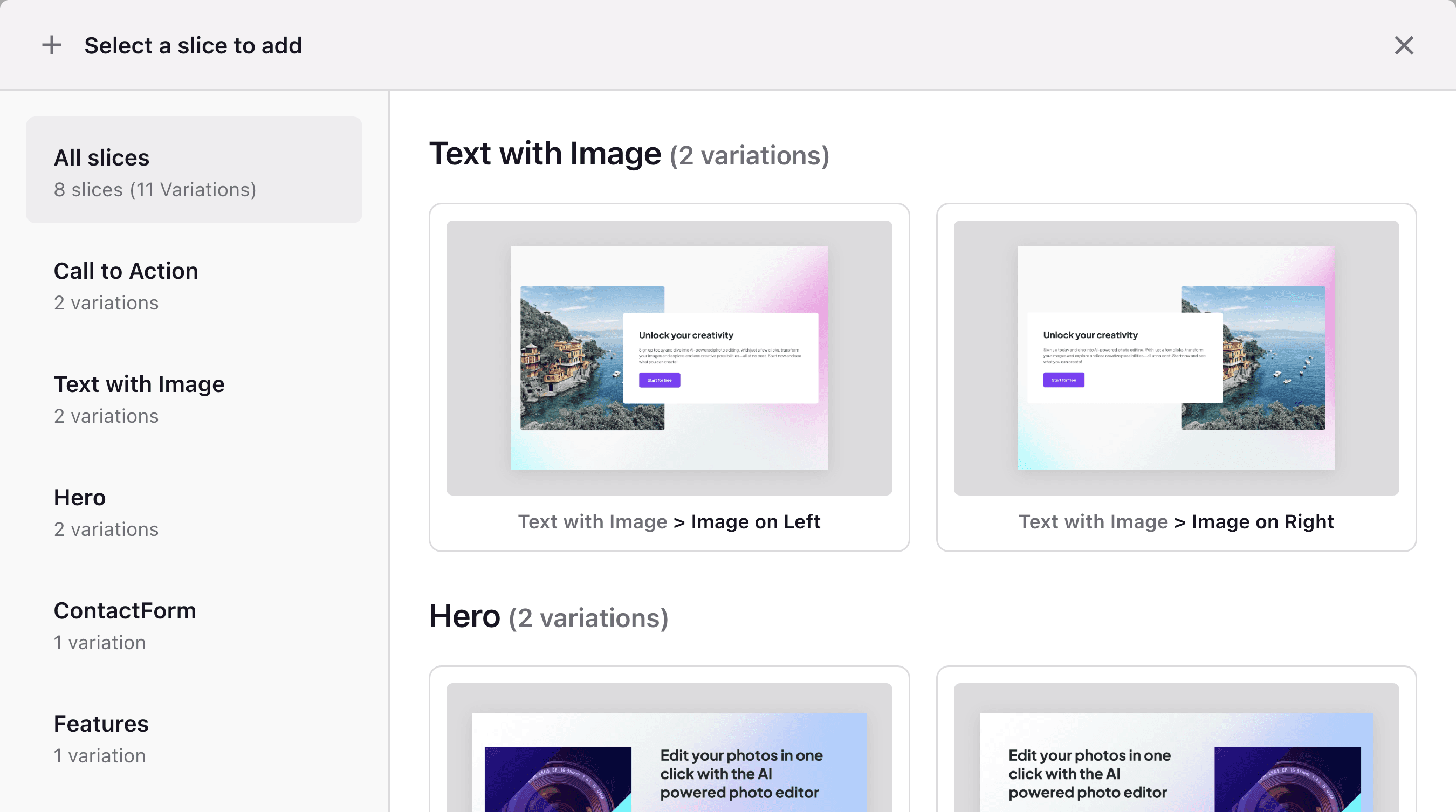 A screenshot of variations in the Page
Builder.
