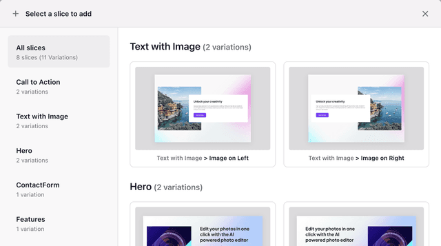 A screenshot of variations in the Page
Builder.