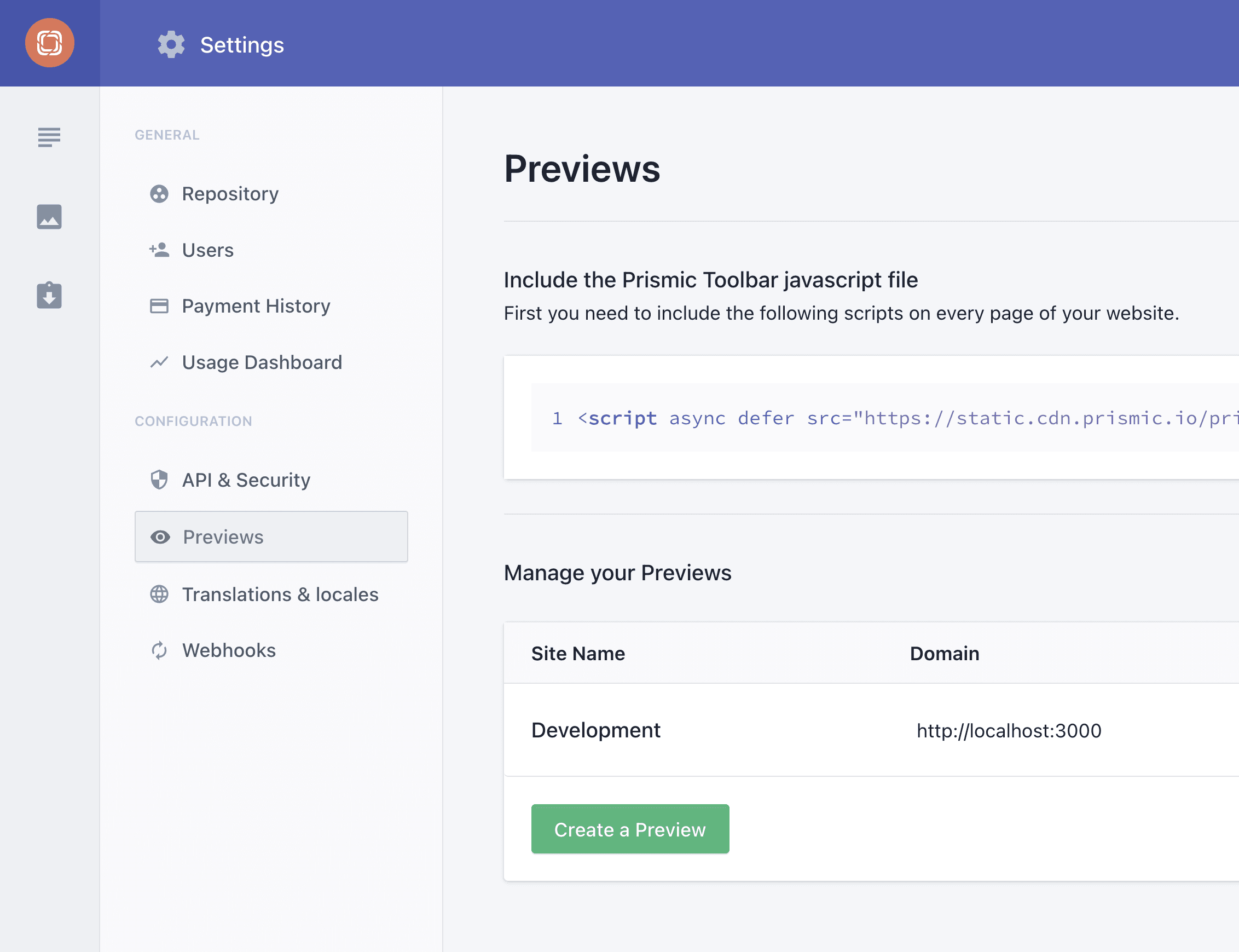 A screenshot of the previews settings page.