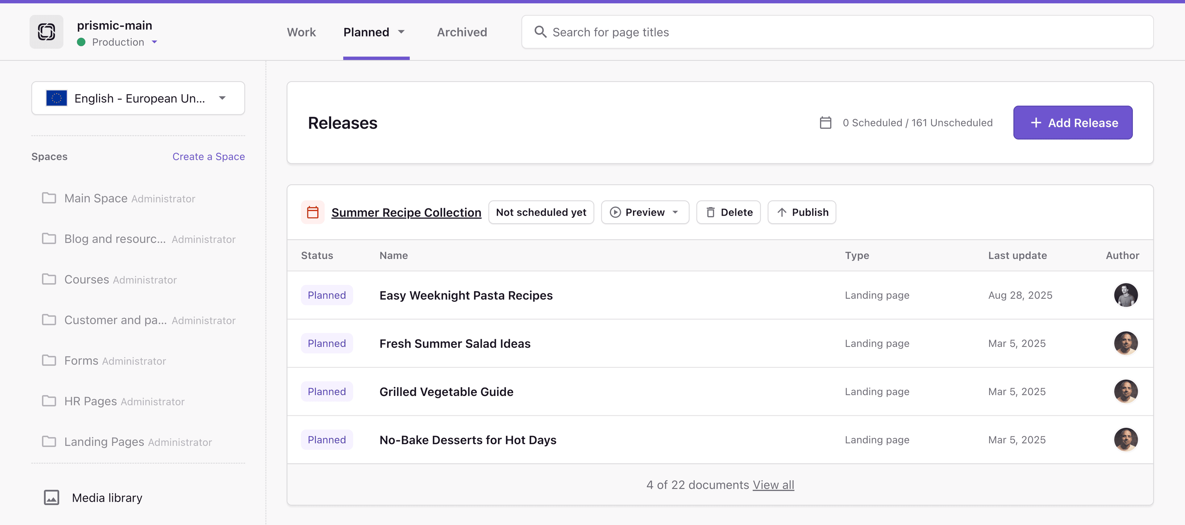 A screenshot of the Planned tab in a Prismic repository.