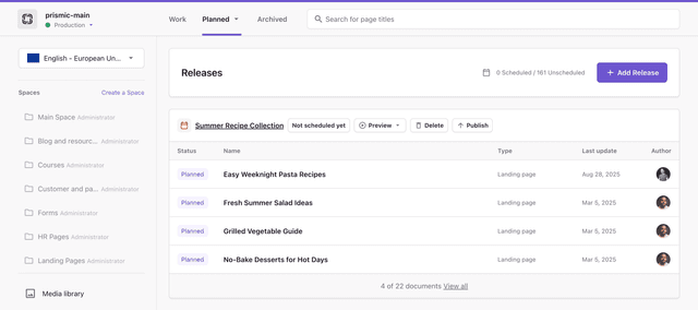 A screenshot of the Planned tab in a Prismic repository.