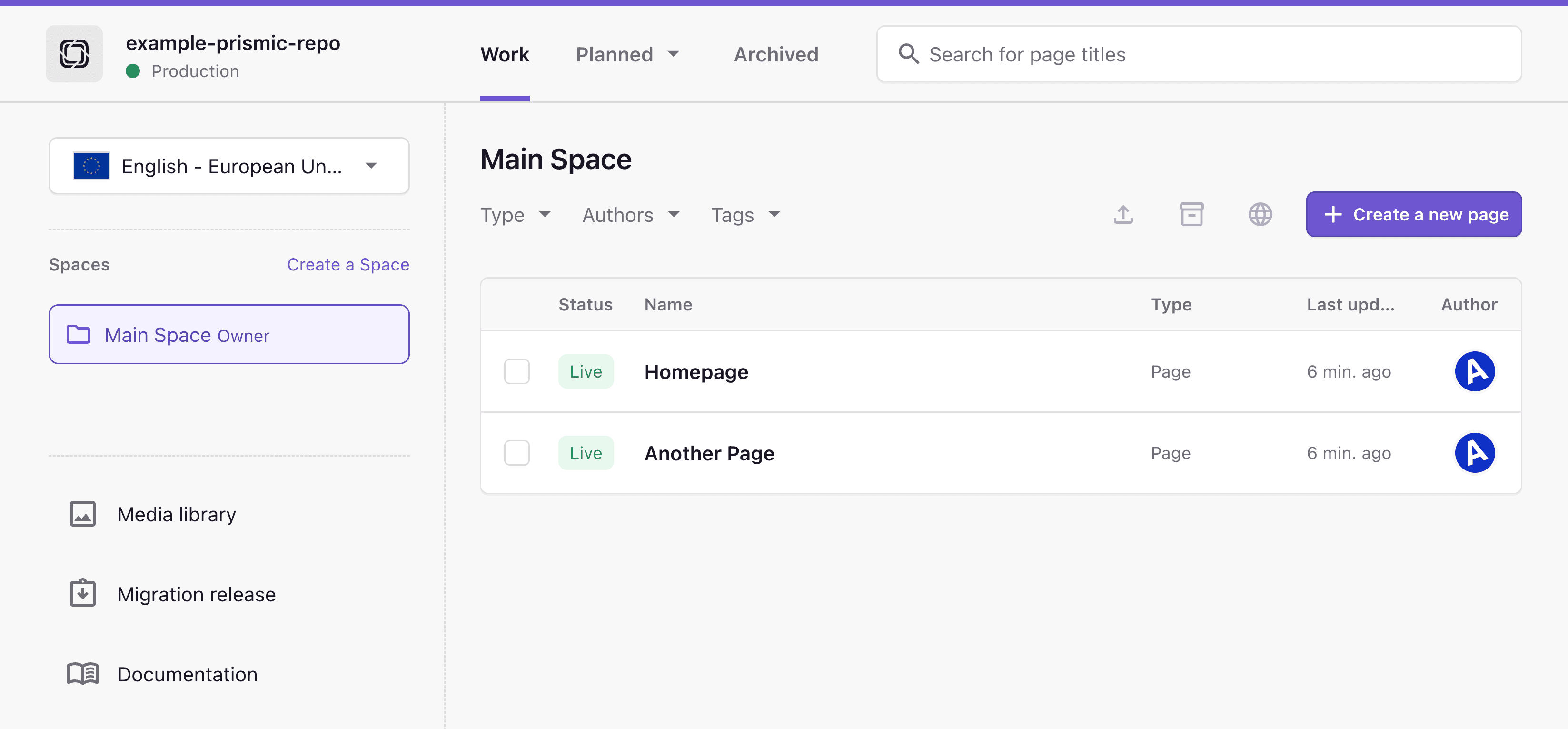 Prismic Page Builder interface showing the main editing
area