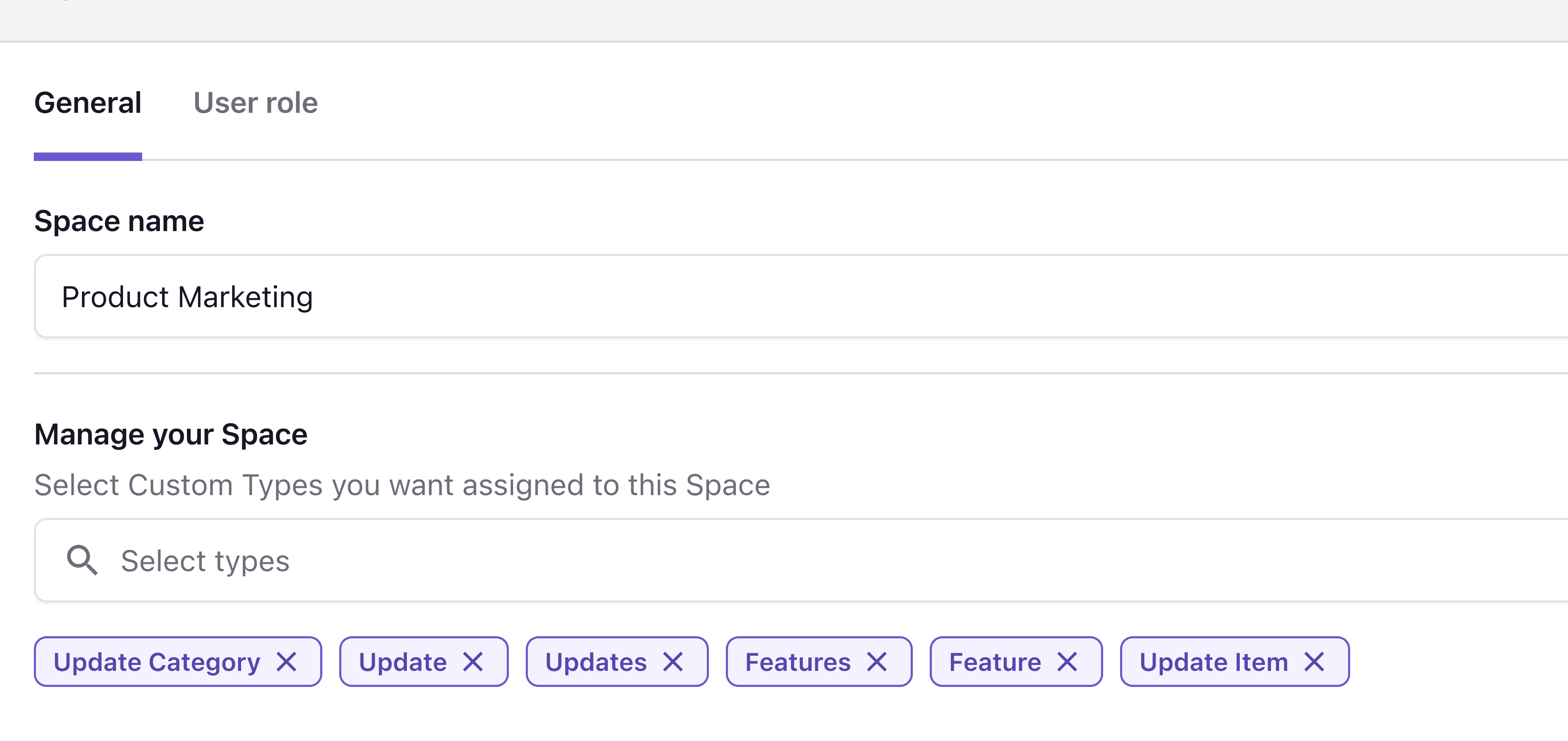 A screenshot of a space's settings showing its assigned content types.