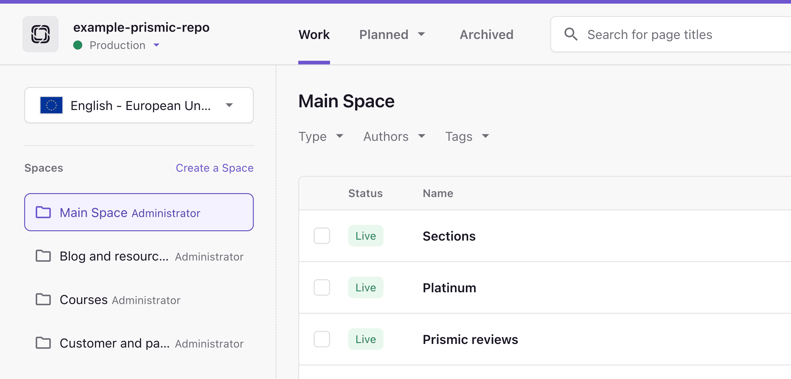 A screenshot of a Prismic repository with multiple spaces.