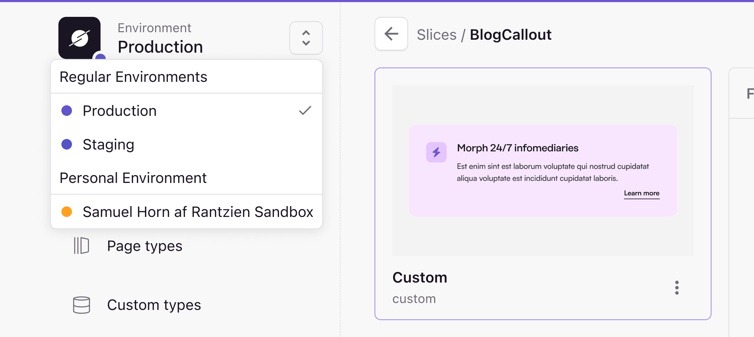 A screenshot of the environment selector in Slice Machine.