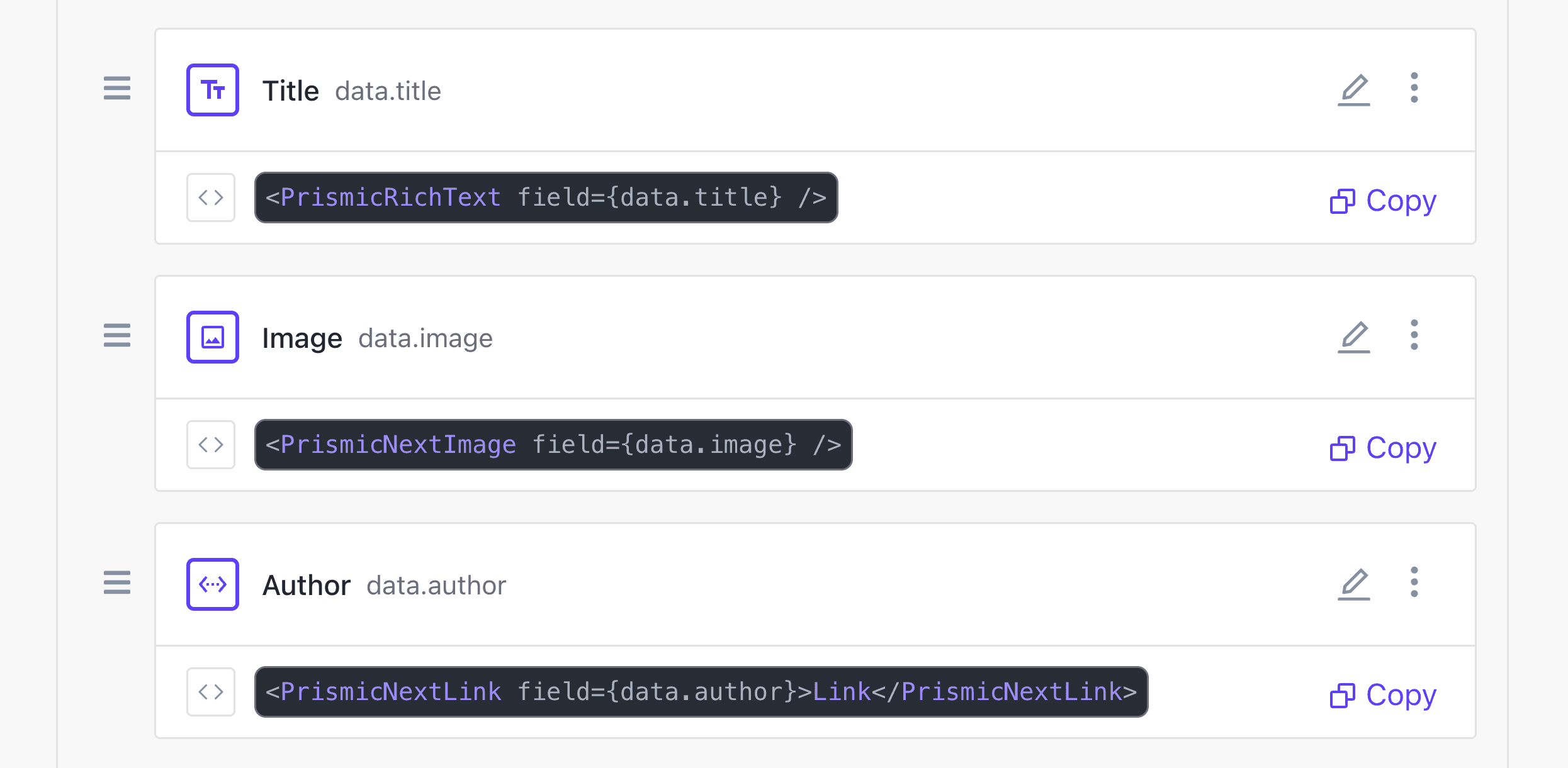 A screenshot of code snippets for a slice's fields.