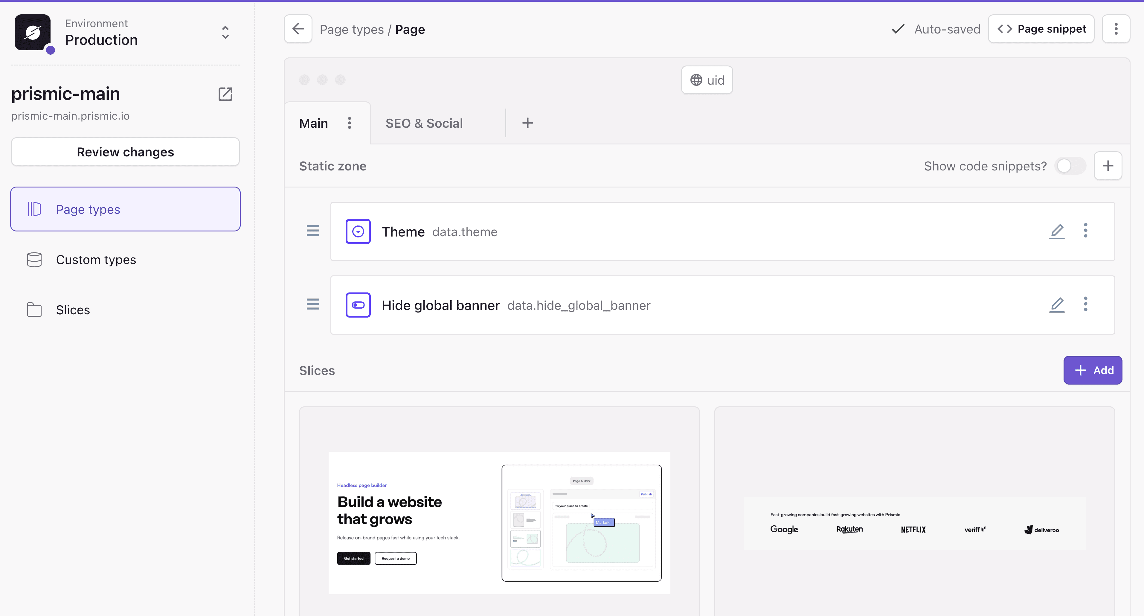 A screenshot of Slice Machine viewing a page type and its fields.