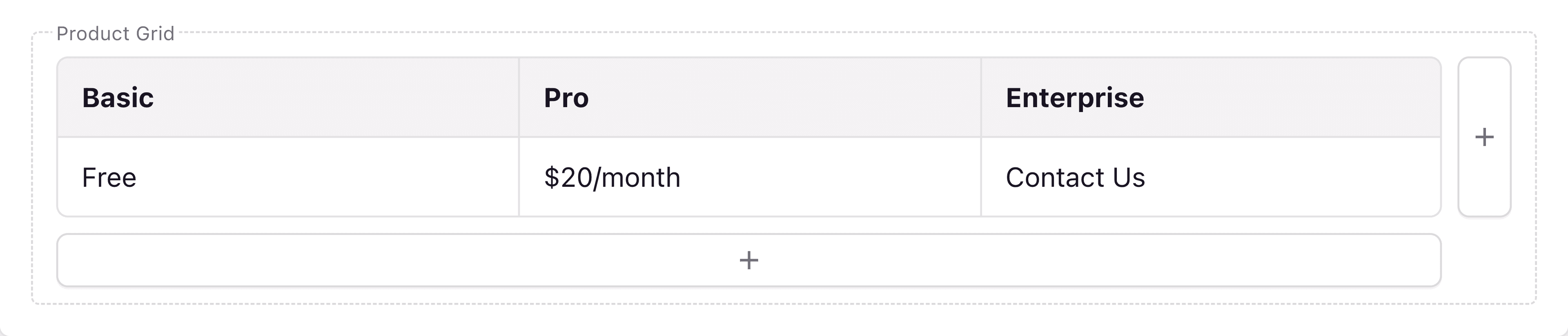 A screenshot of a table field in the Page Builder.