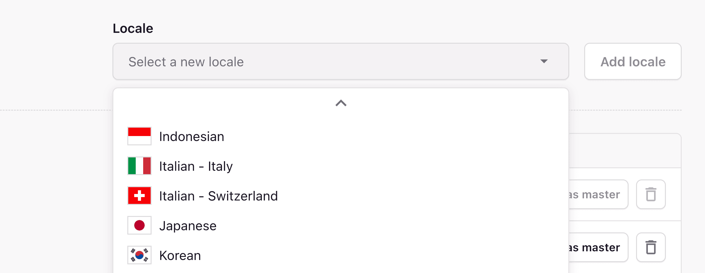A screenshot of the dropdown of available locales.