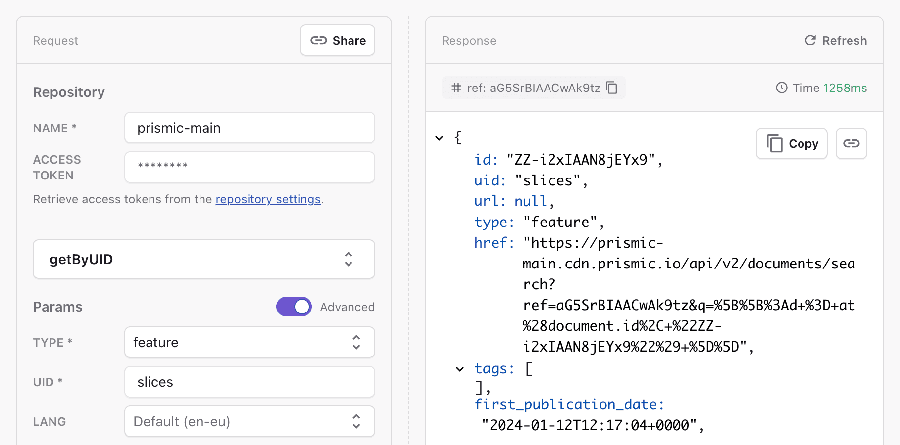 A screenshot of the API Explorer running a query.