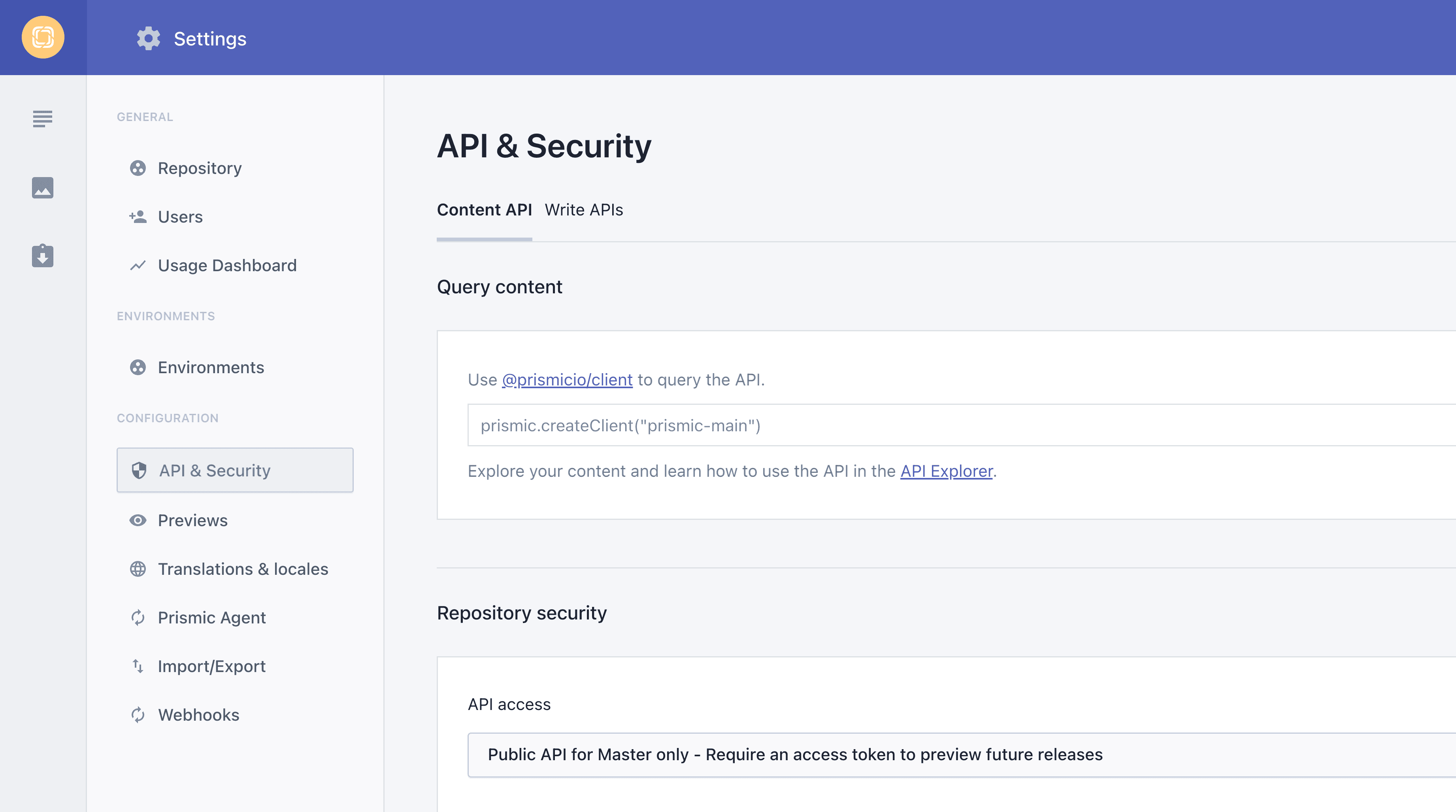 A screenshot of the API & Security settings in a Prismic
repository.