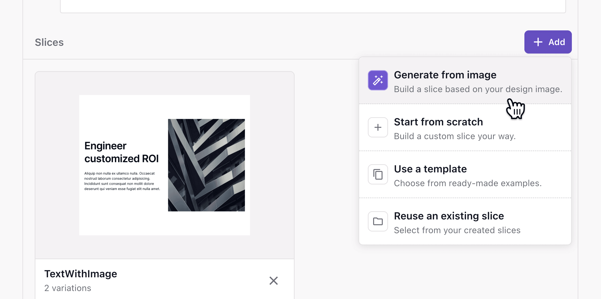 A screenshot of the Generate from image option in Slice Machine.