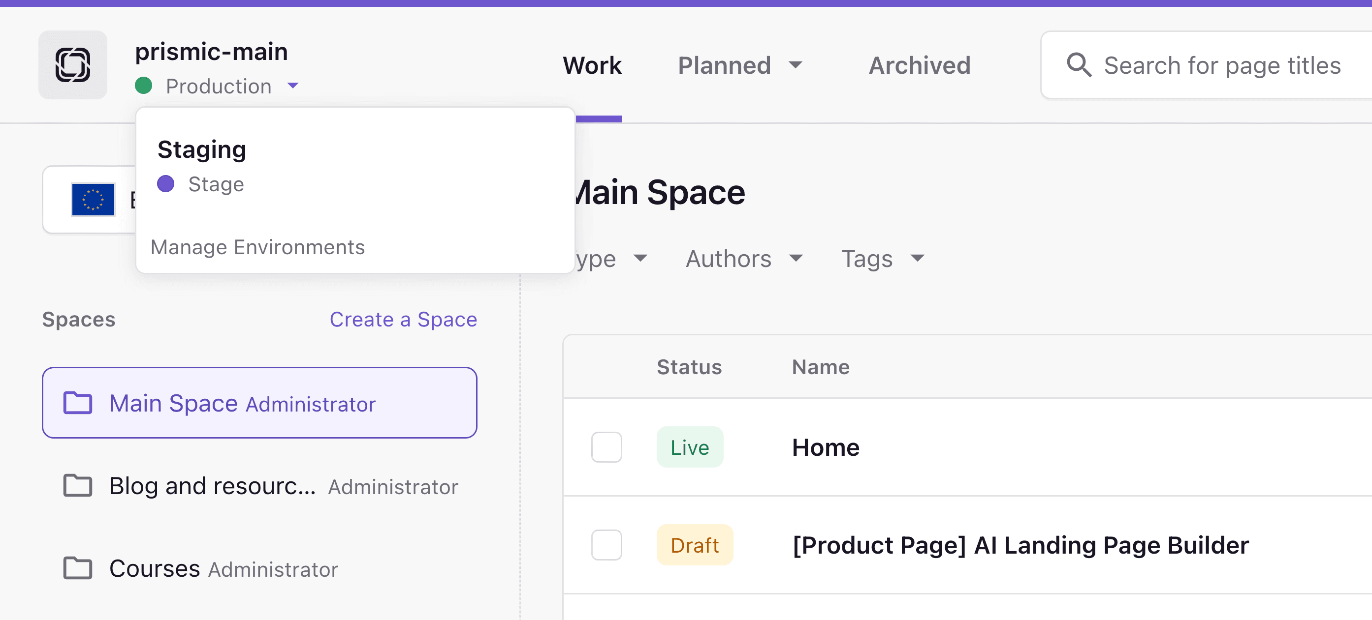 A screenshot of the environment selector in the Page Builder.
