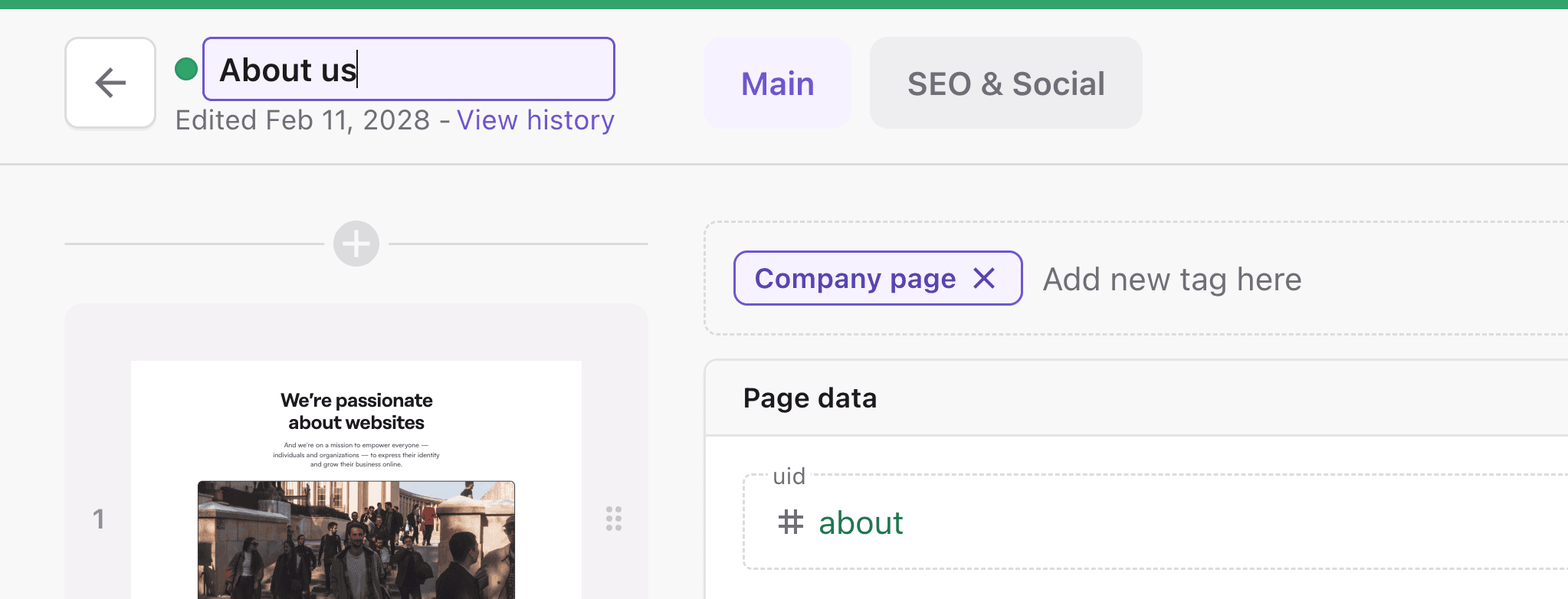 A screenshot of editing a page's display name in the Page Builder.