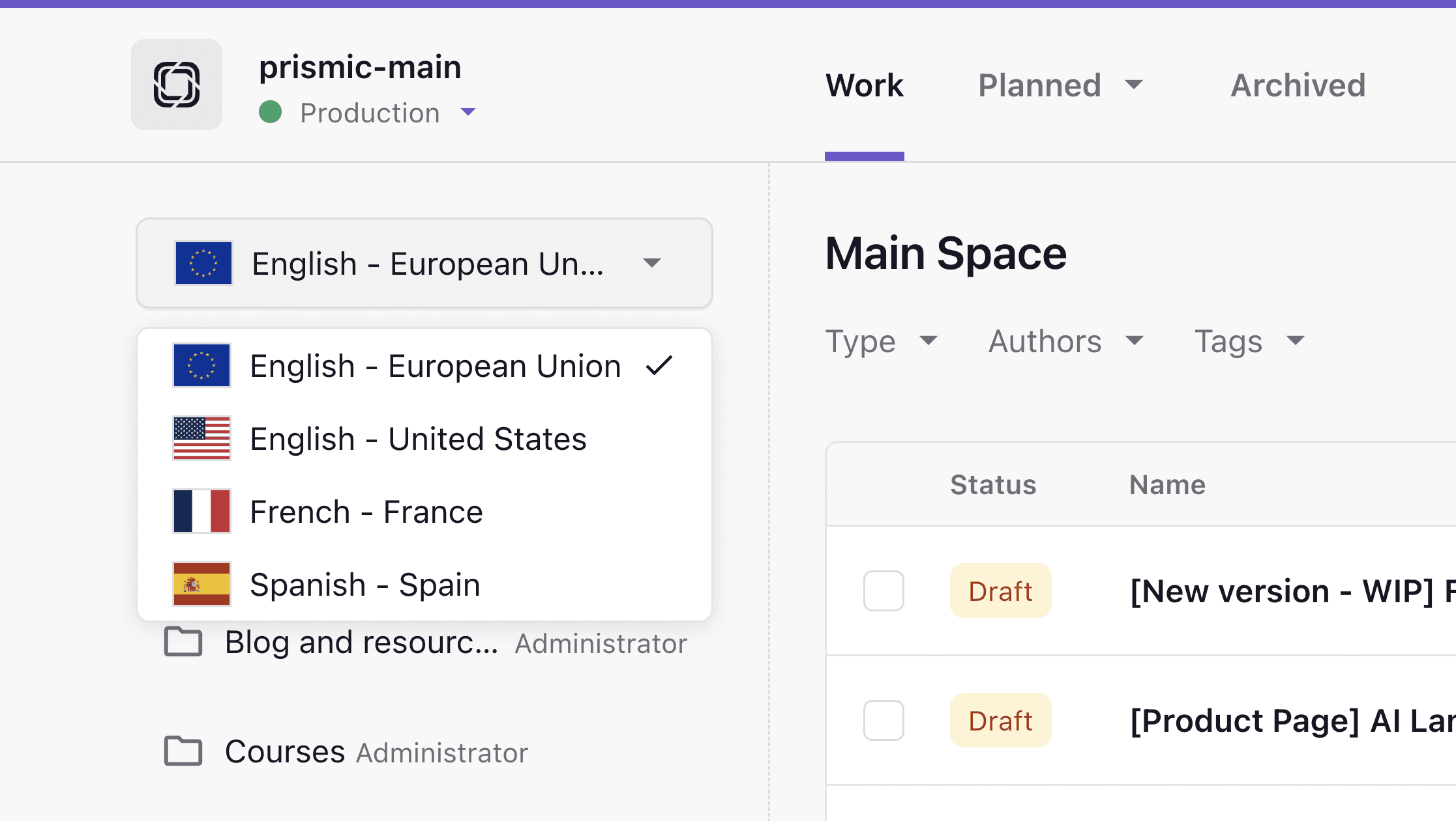 A screenshot of selecting a locale in the page list.