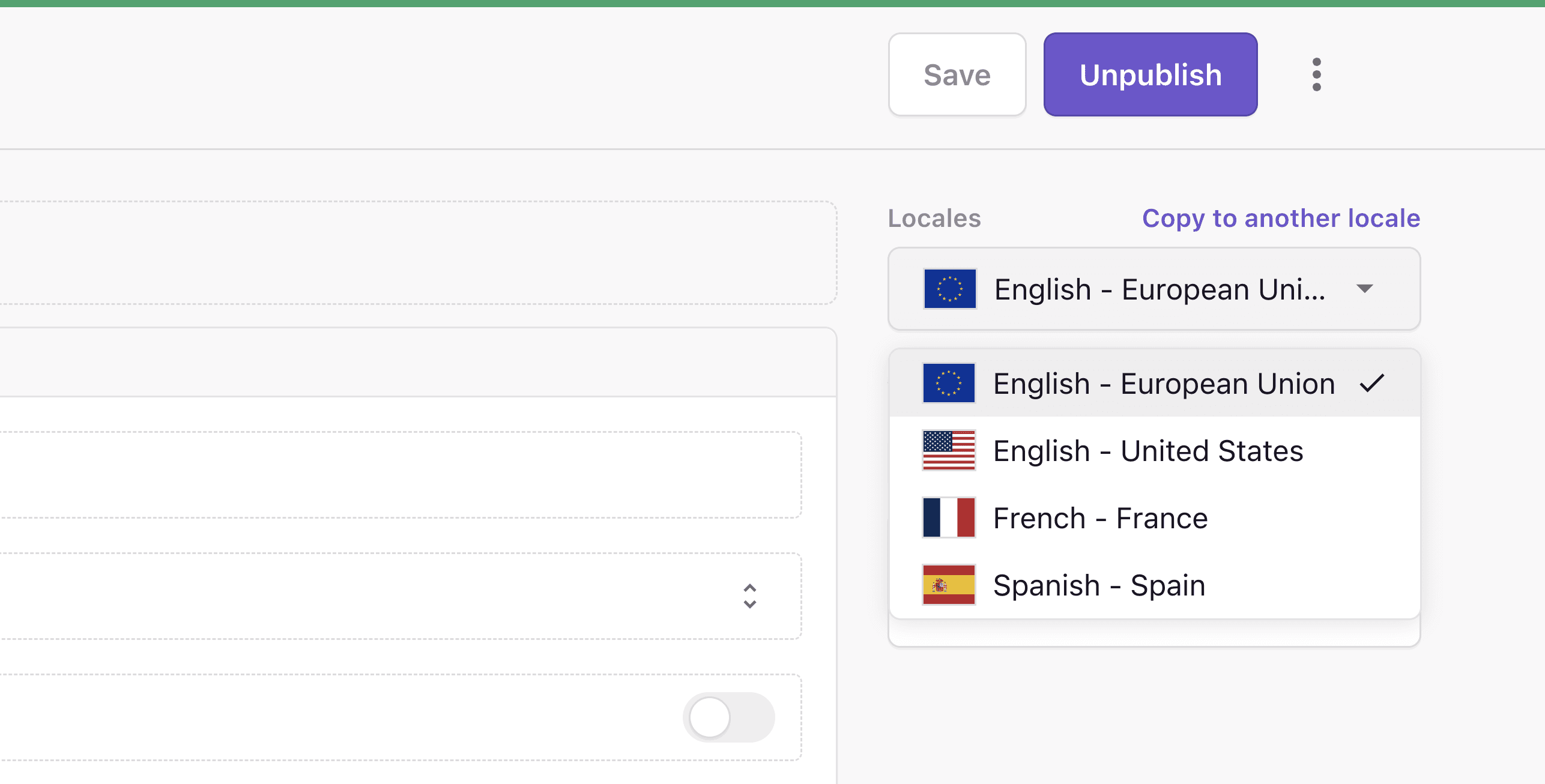 A screenshot of selecting a locale in a page.