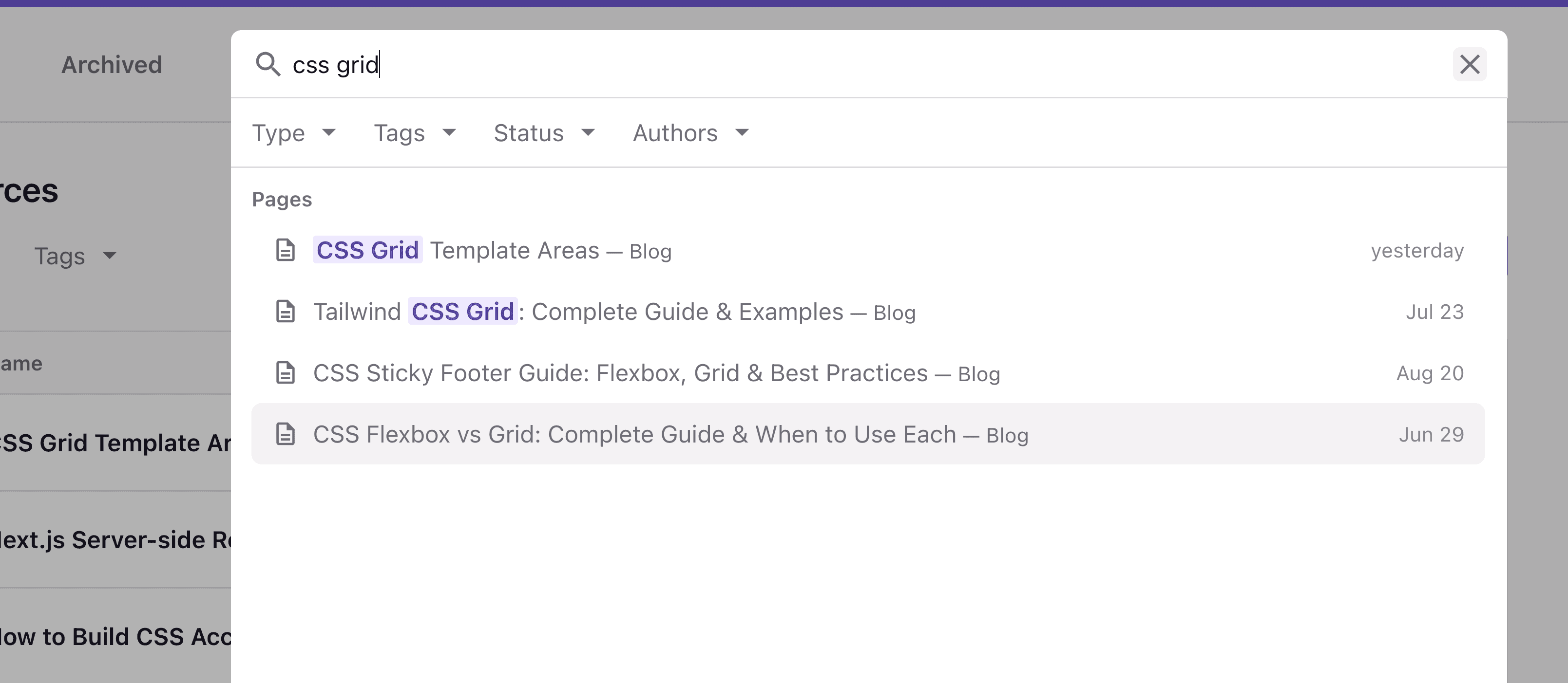 A screenshot of the search field with filters and results.