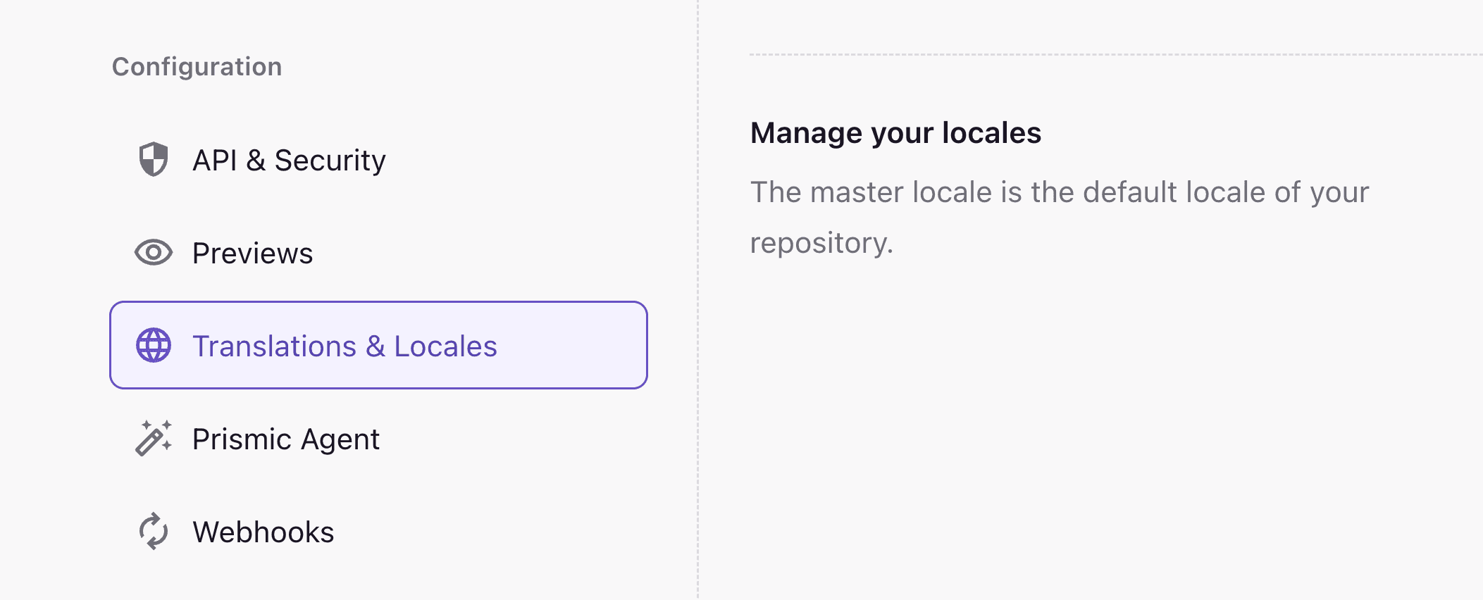 A screenshot of the Translations & Locales settings in a Prismic
repository.