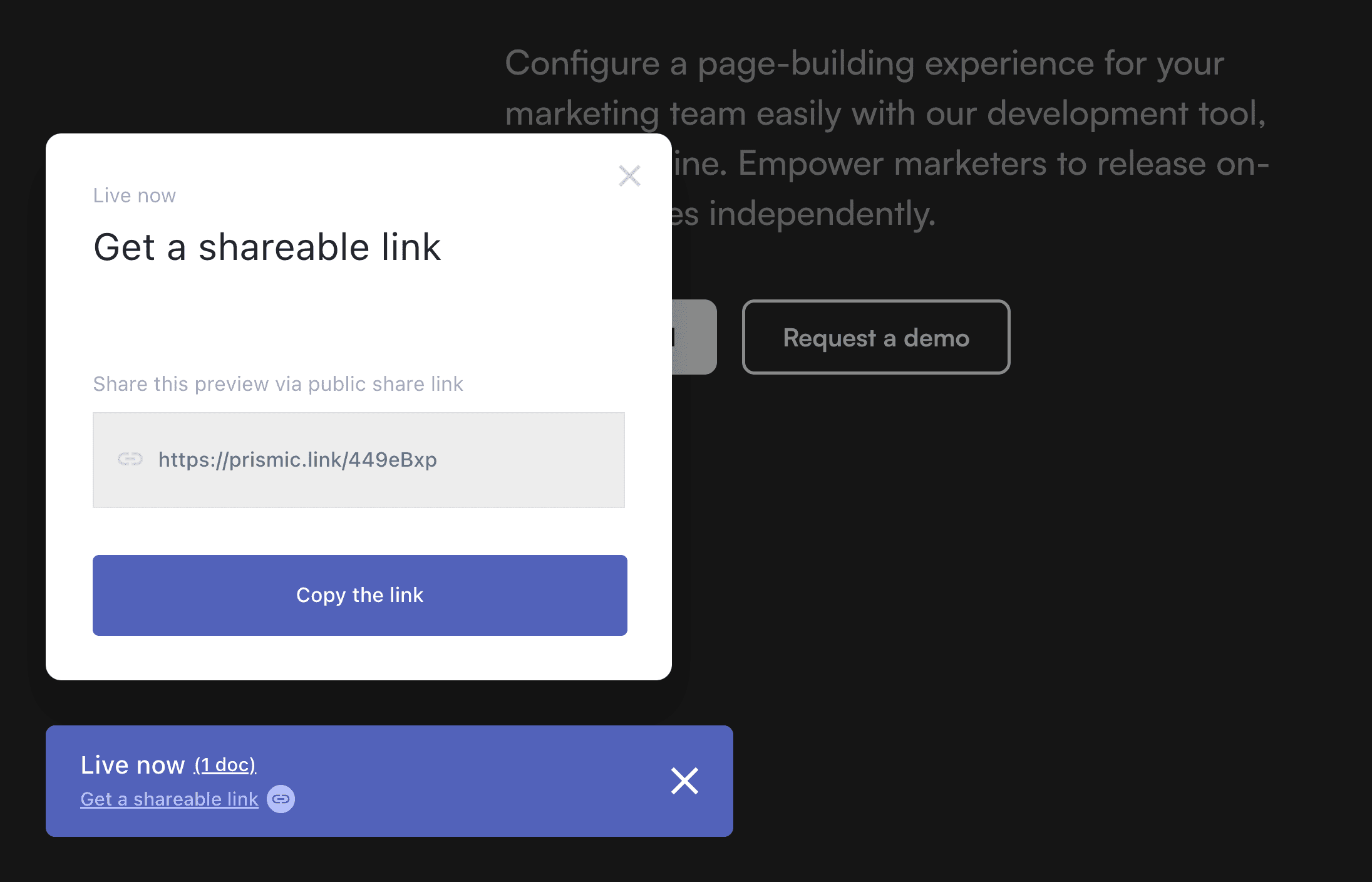 A screenshot of generating a shareable link from the toolbar.